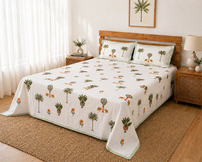 Handblock Palm Tree Cotton Bedsheet Set with Pillow Covers – White Tropical Ethnic