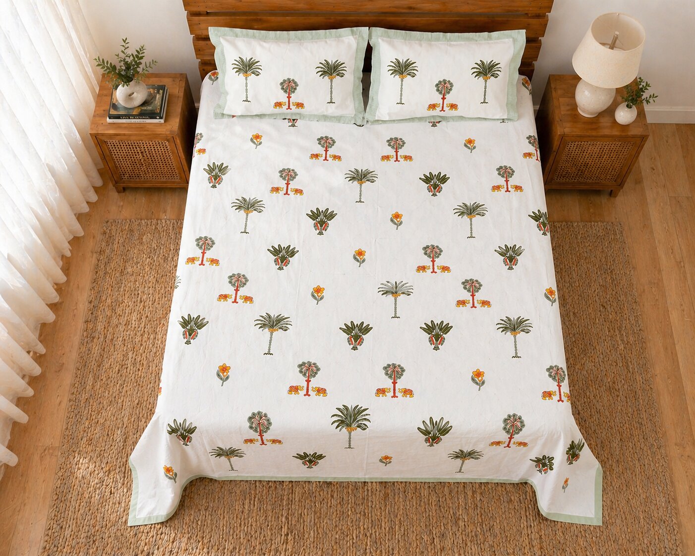 Handblock Palm Tree Cotton Bedsheet Set with Pillow Covers – White Tropical Ethnic