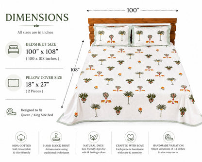 Handblock Palm Tree Cotton Bedsheet Set with Pillow Covers – White Tropical Ethnic