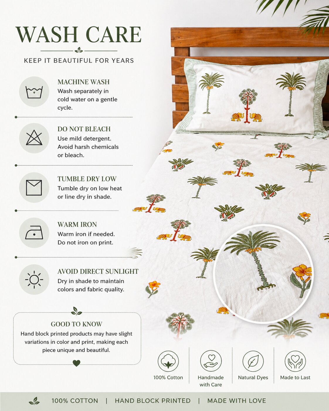 Handblock Palm Tree Cotton Bedsheet Set with Pillow Covers – White Tropical Ethnic