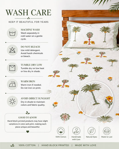 Handblock Palm Tree Cotton Bedsheet Set with Pillow Covers – White Tropical Ethnic