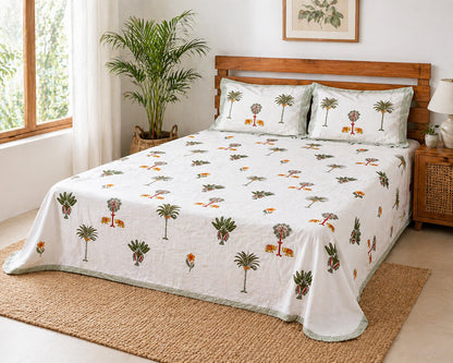 Handblock Palm Tree Cotton Bedsheet Set with Pillow Covers – White Tropical Ethnic