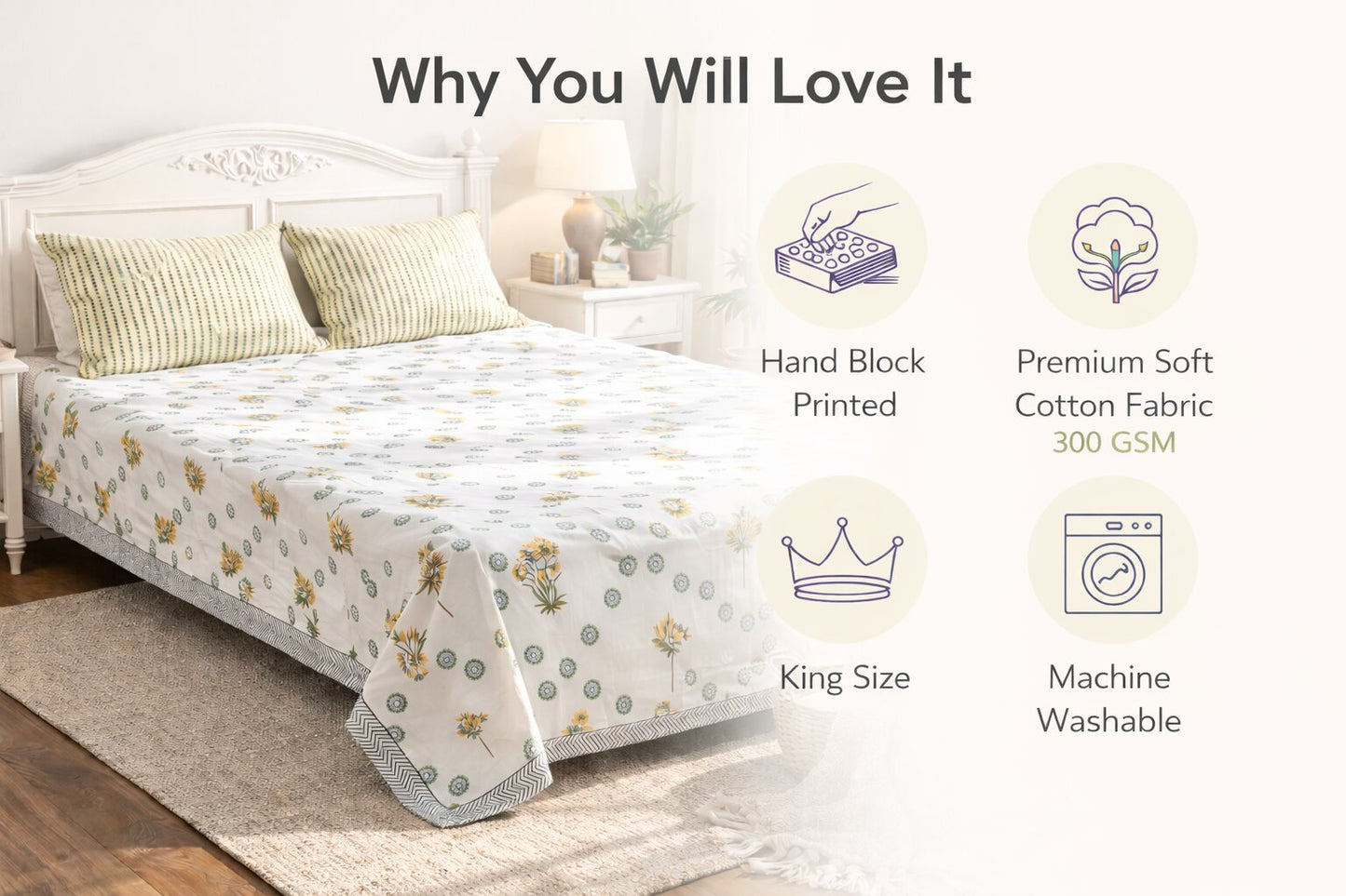 Jaipuri Floral Cotton Bedsheet with Pillow Covers