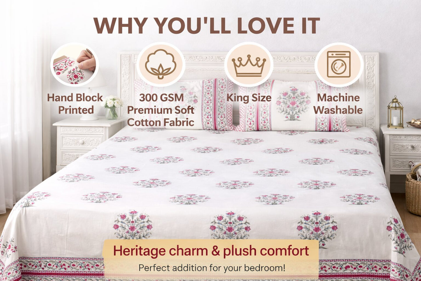 Red Floral Handblock Cotton Bedsheet Set with 2 Pillow Covers – King Size