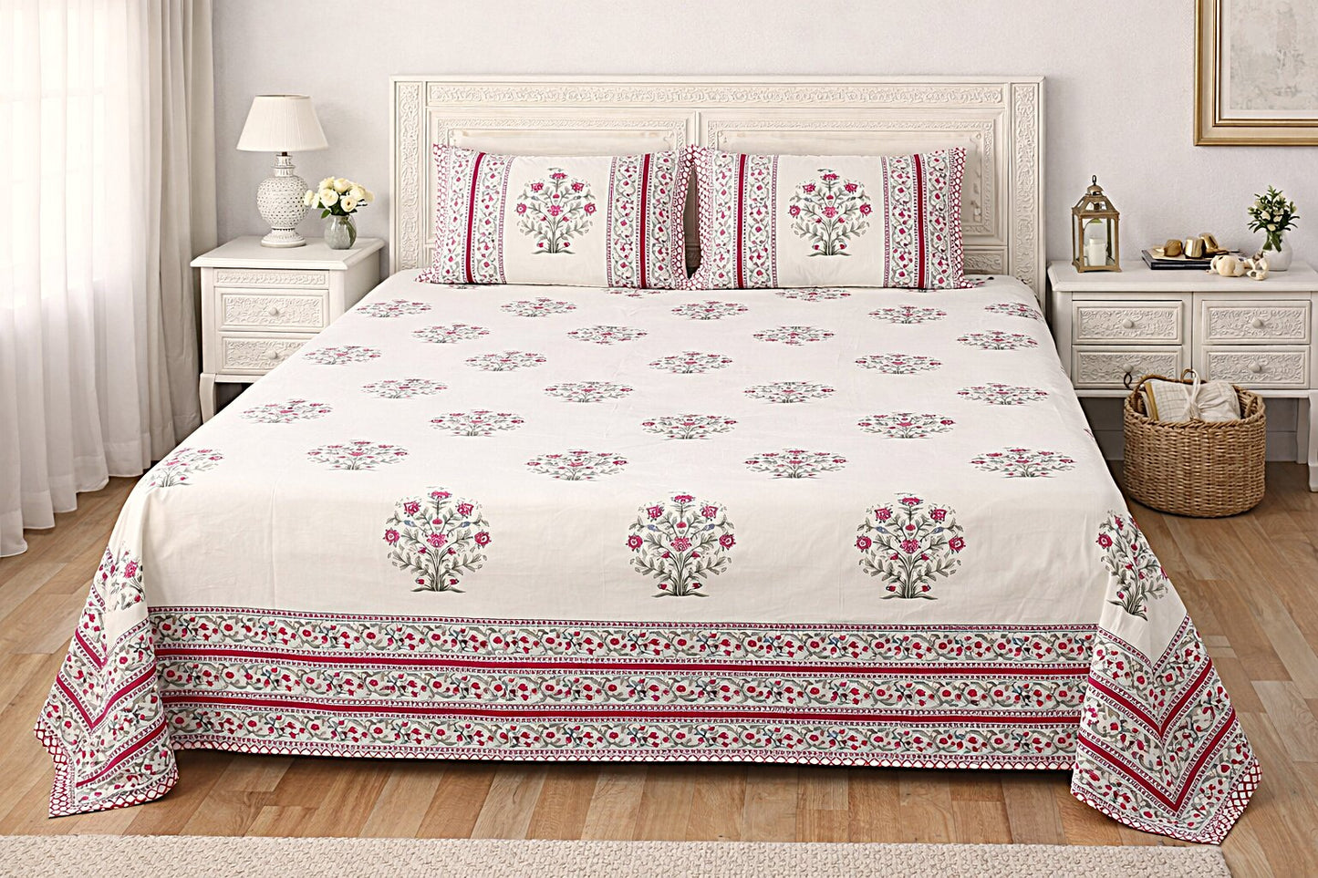 Red Floral Handblock Cotton Bedsheet Set with 2 Pillow Covers – King Size