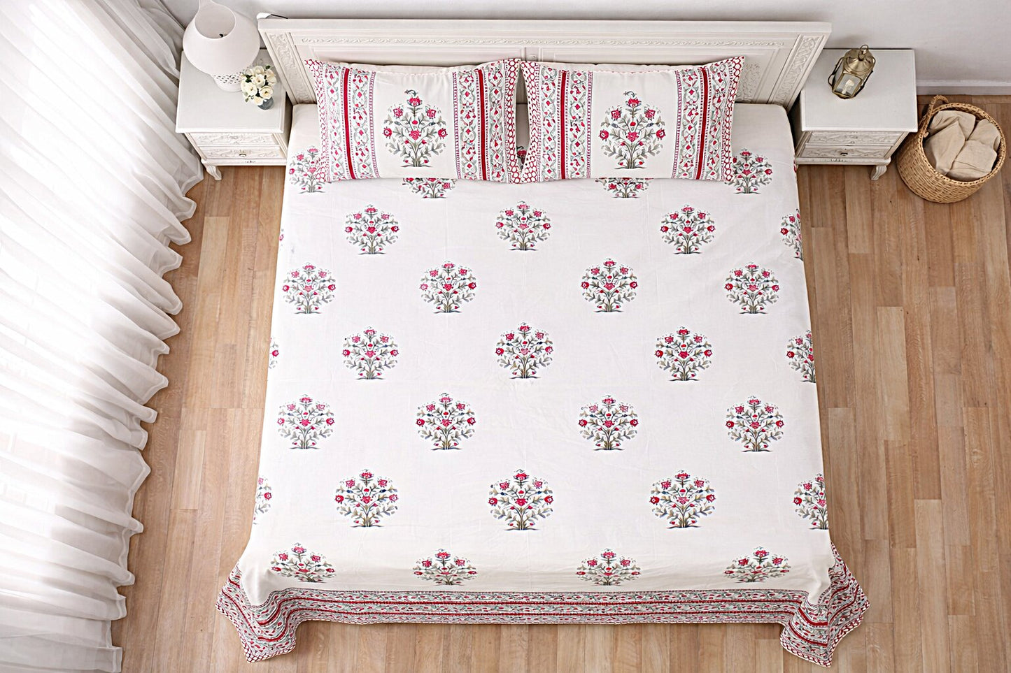 Red Floral Handblock Cotton Bedsheet Set with 2 Pillow Covers – King Size