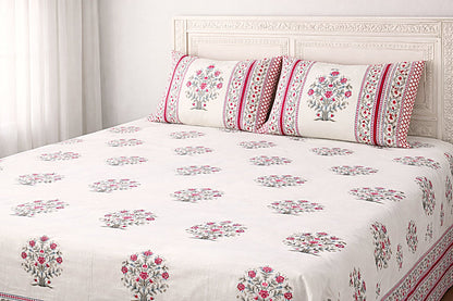 Red Floral Handblock Cotton Bedsheet Set with 2 Pillow Covers – King Size