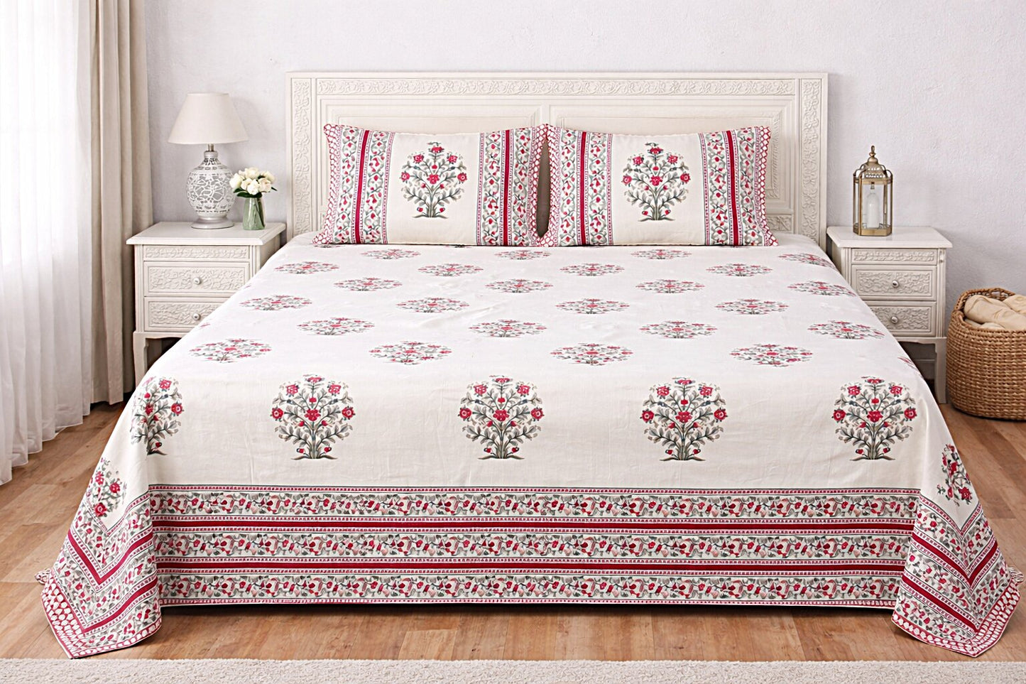 Red Floral Handblock Cotton Bedsheet Set with 2 Pillow Covers – King Size