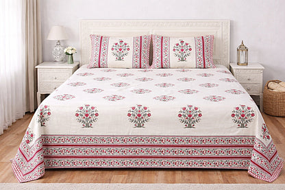 Red Floral Handblock Cotton Bedsheet Set with 2 Pillow Covers – King Size