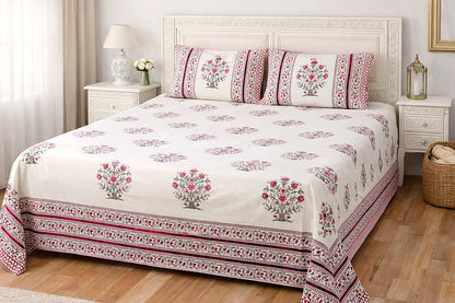Red Floral Handblock Cotton Bedsheet Set with 2 Pillow Covers – King Size