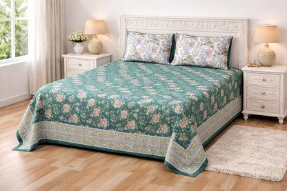 Green Floral Cotton Bedsheet with Pillow Covers – Premium King Size Bed Set