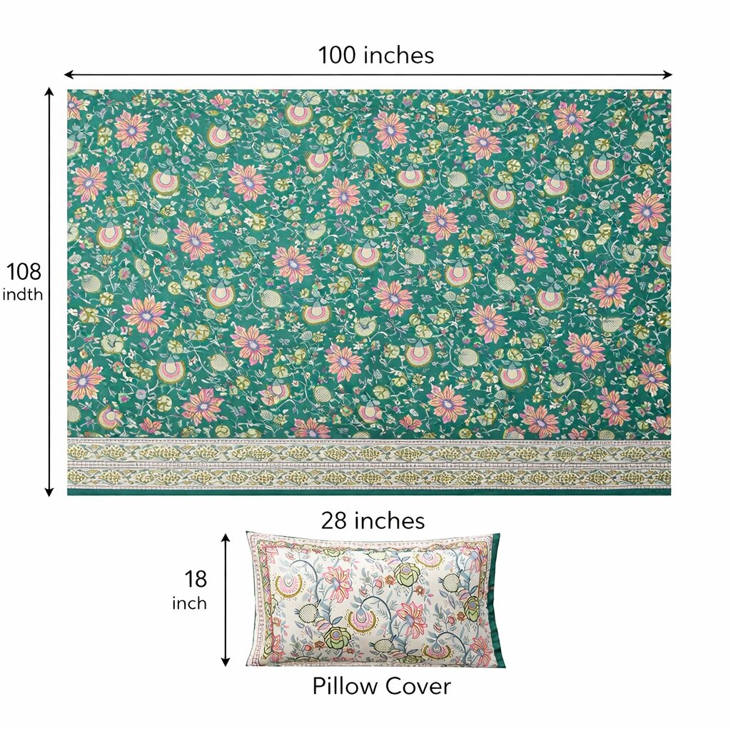 Green Floral Cotton Bedsheet with Pillow Covers – Premium King Size Bed Set