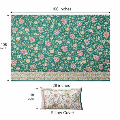 Green Floral Cotton Bedsheet with Pillow Covers – Premium King Size Bed Set