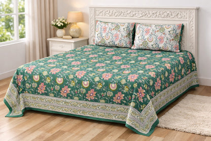 Green Floral Cotton Bedsheet with Pillow Covers – Premium King Size Bed Set