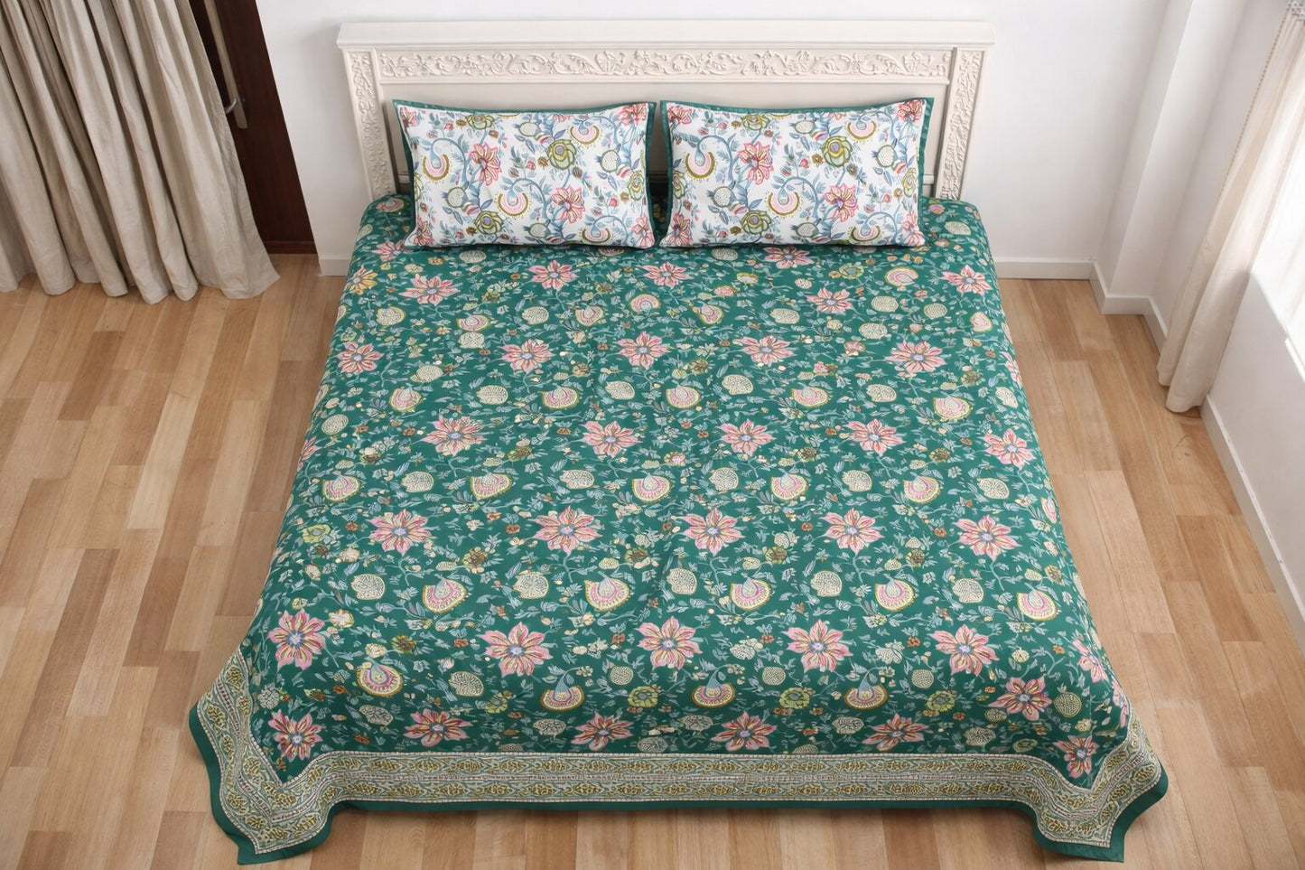 Green Floral Cotton Bedsheet with Pillow Covers – Premium King Size Bed Set