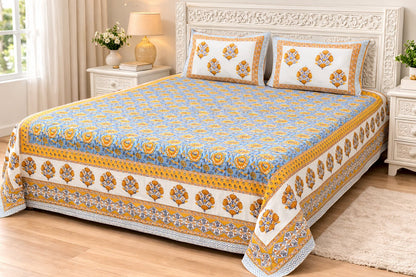 Blue & Yellow Floral Cotton Bedsheet with Pillow Covers – King Size Premium Set