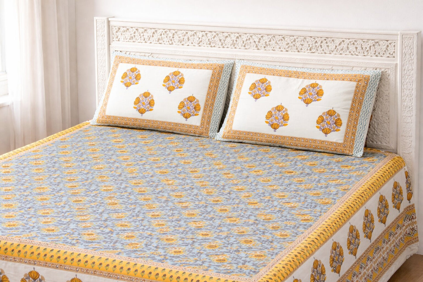Blue & Yellow Floral Cotton Bedsheet with Pillow Covers – King Size Premium Set