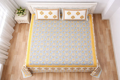 Blue & Yellow Floral Cotton Bedsheet with Pillow Covers – King Size Premium Set