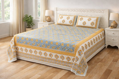 Blue & Yellow Floral Cotton Bedsheet with Pillow Covers – King Size Premium Set