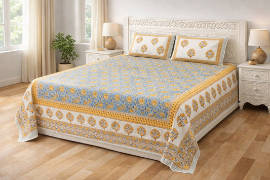 Blue & Yellow Floral Cotton Bedsheet with Pillow Covers – King Size Premium Set