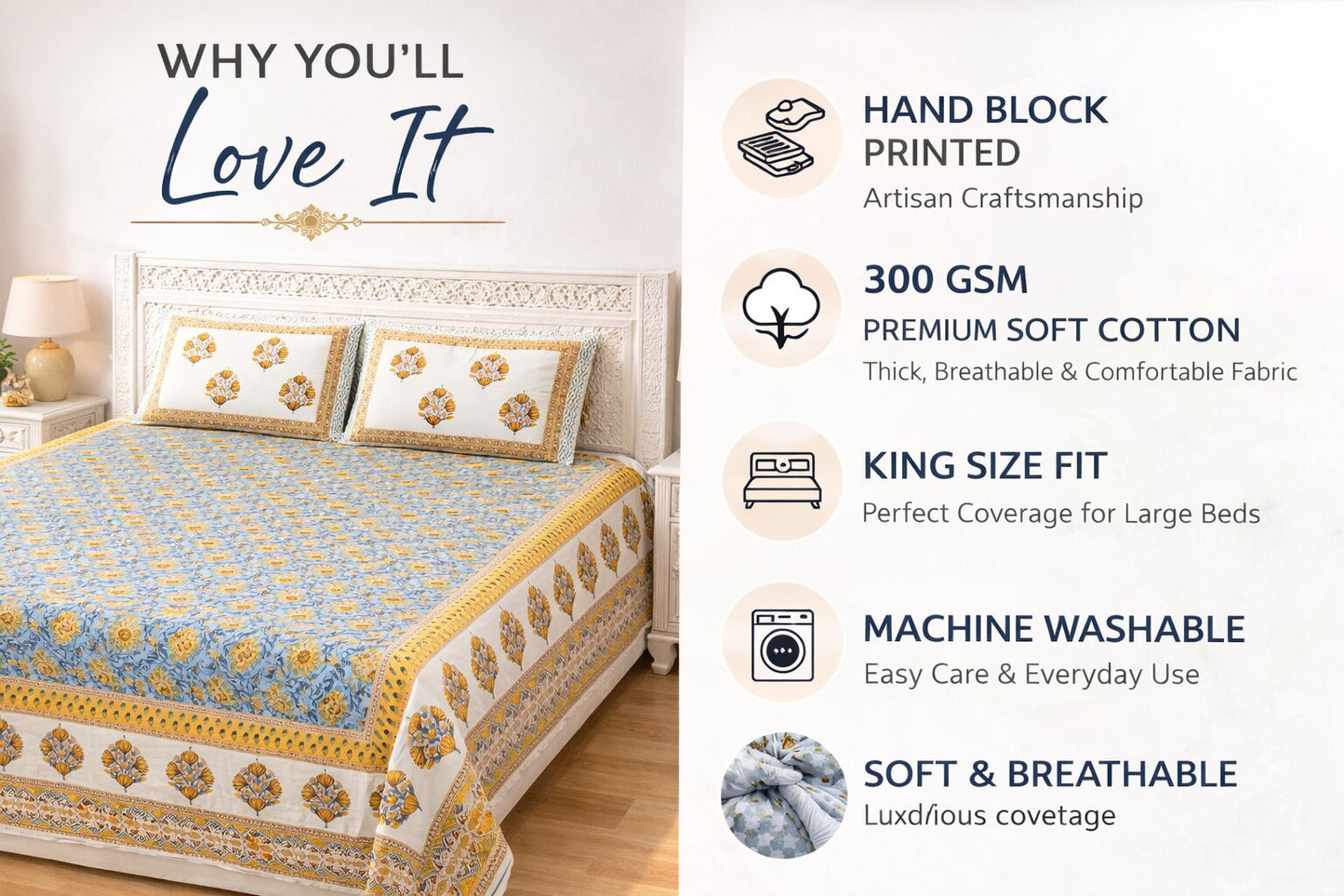 Blue & Yellow Floral Cotton Bedsheet with Pillow Covers – King Size Premium Set