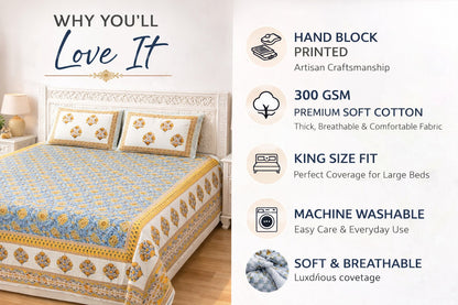 Blue & Yellow Floral Cotton Bedsheet with Pillow Covers – King Size Premium Set