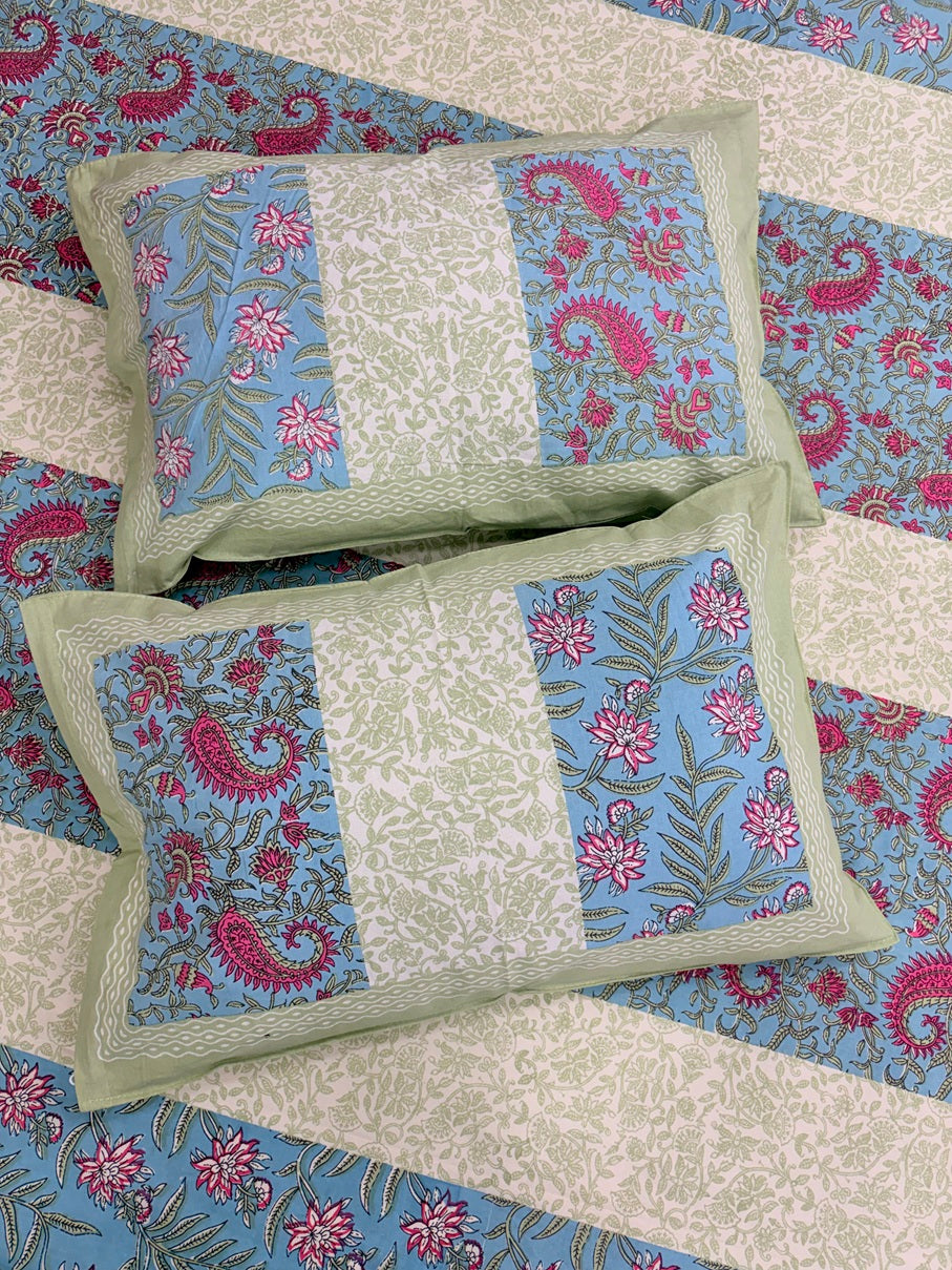 Handblock Paisley Striped Cotton Bedsheet Set with Pillow Covers – Ethnic Blue & Beige