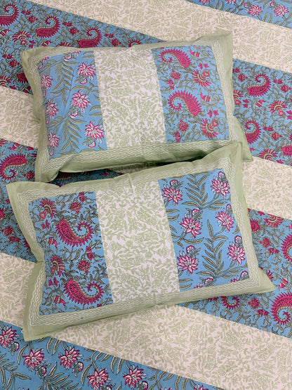 Handblock Paisley Striped Cotton Bedsheet Set with Pillow Covers – Ethnic Blue & Beige