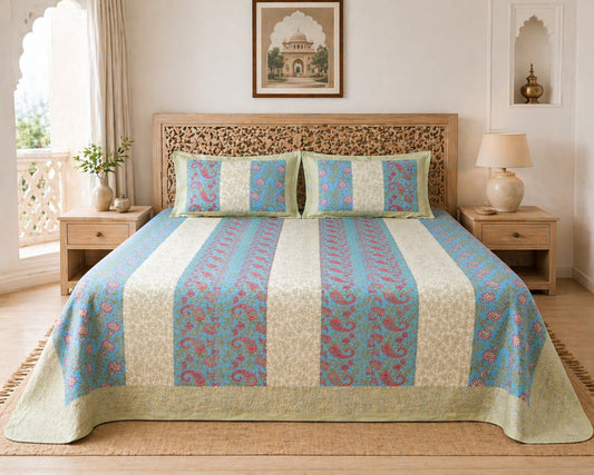 Handblock Paisley Striped Cotton Bedsheet Set with Pillow Covers – Ethnic Blue & Beige