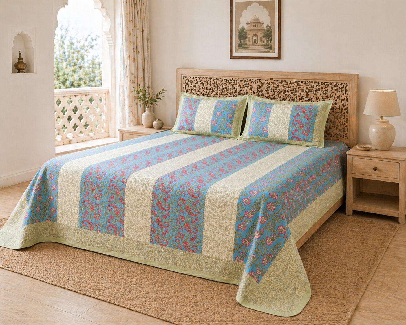 Handblock Paisley Striped Cotton Bedsheet Set with Pillow Covers – Ethnic Blue & Beige