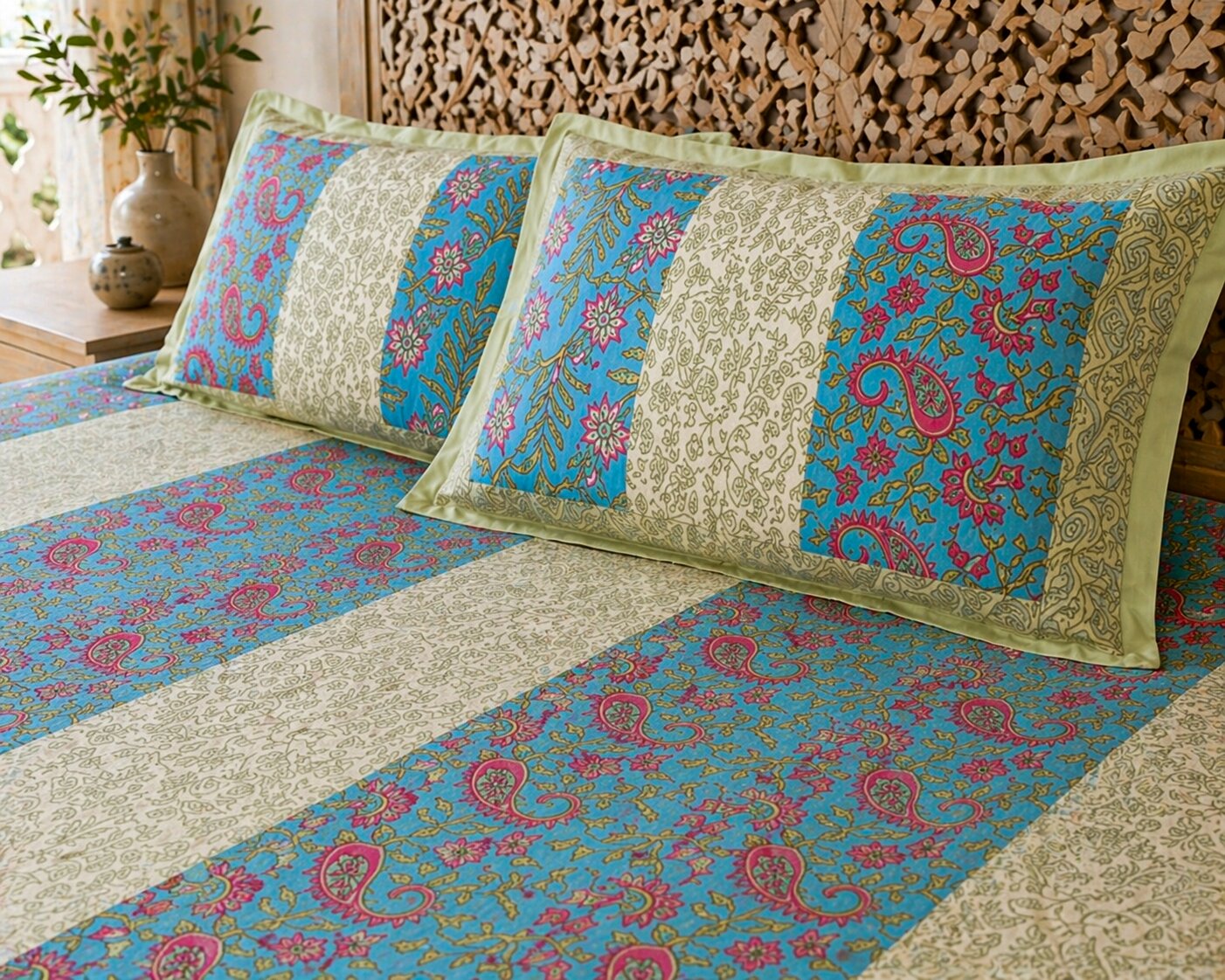 Handblock Paisley Striped Cotton Bedsheet Set with Pillow Covers – Ethnic Blue & Beige