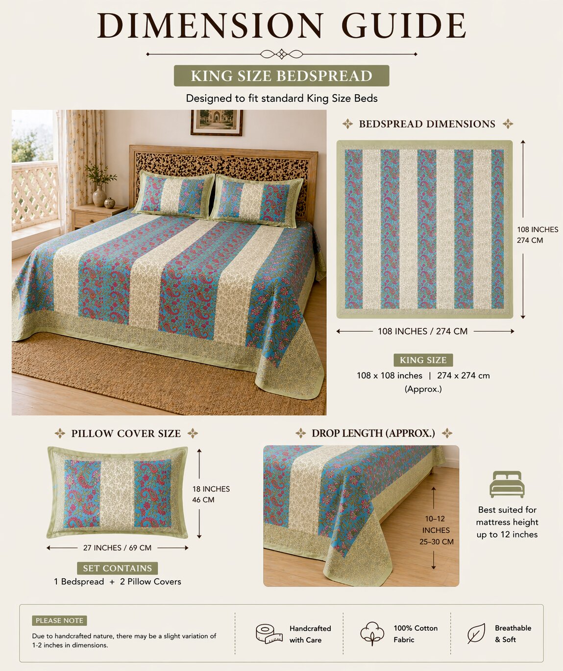Handblock Paisley Striped Cotton Bedsheet Set with Pillow Covers – Ethnic Blue & Beige