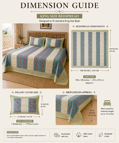 Handblock Paisley Striped Cotton Bedsheet Set with Pillow Covers – Ethnic Blue & Beige