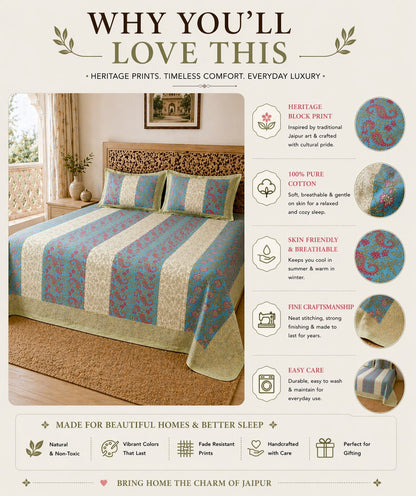 Handblock Paisley Striped Cotton Bedsheet Set with Pillow Covers – Ethnic Blue & Beige
