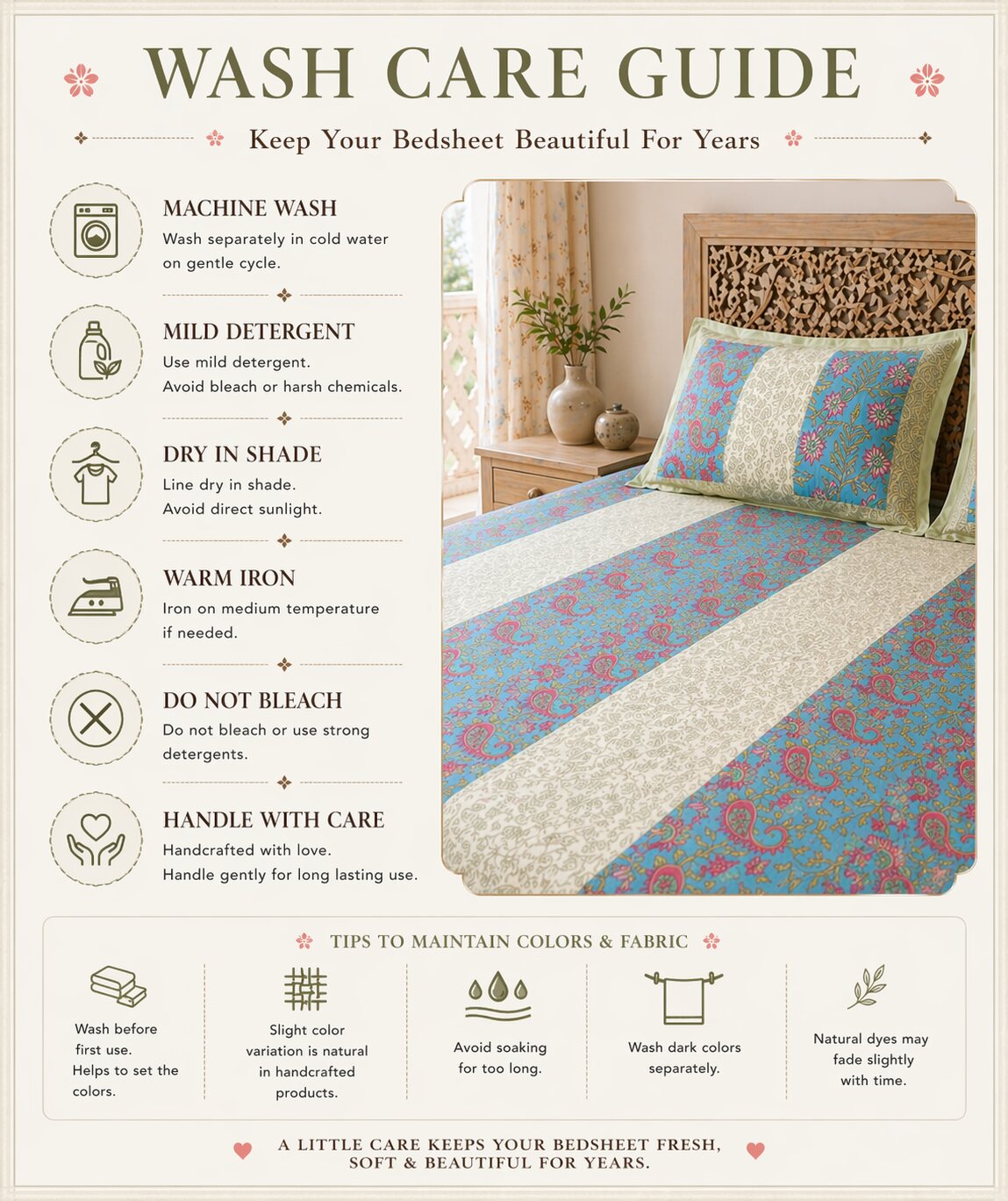 Handblock Paisley Striped Cotton Bedsheet Set with Pillow Covers – Ethnic Blue & Beige