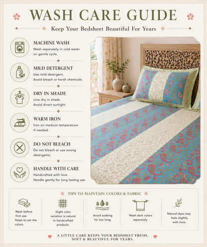 Handblock Paisley Striped Cotton Bedsheet Set with Pillow Covers – Ethnic Blue & Beige