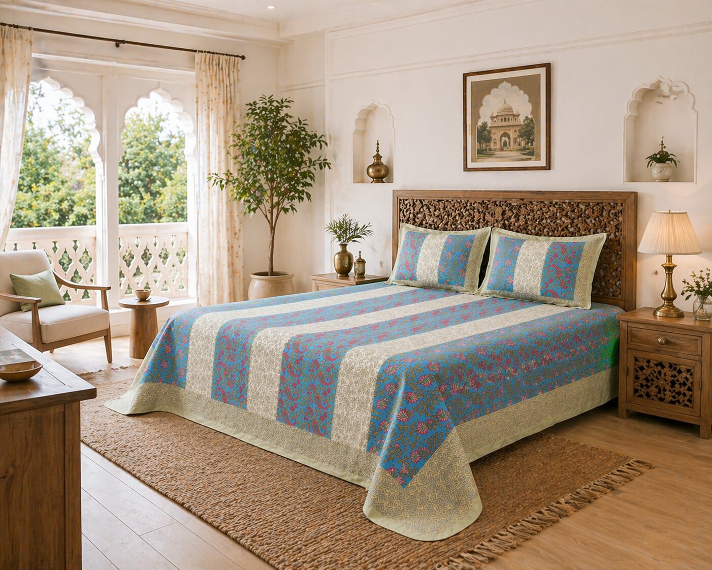 Handblock Paisley Striped Cotton Bedsheet Set with Pillow Covers – Ethnic Blue & Beige