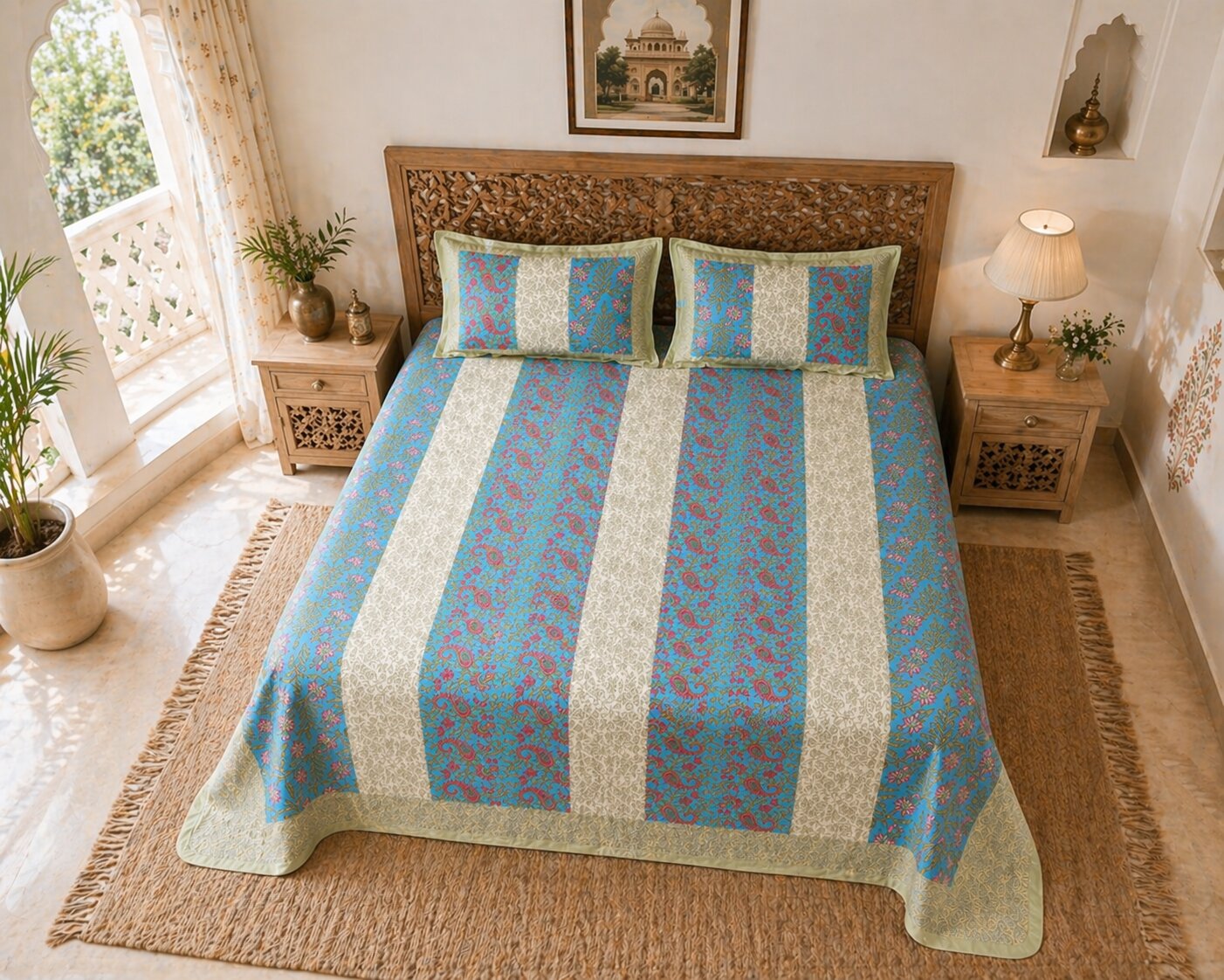 Handblock Paisley Striped Cotton Bedsheet Set with Pillow Covers – Ethnic Blue & Beige
