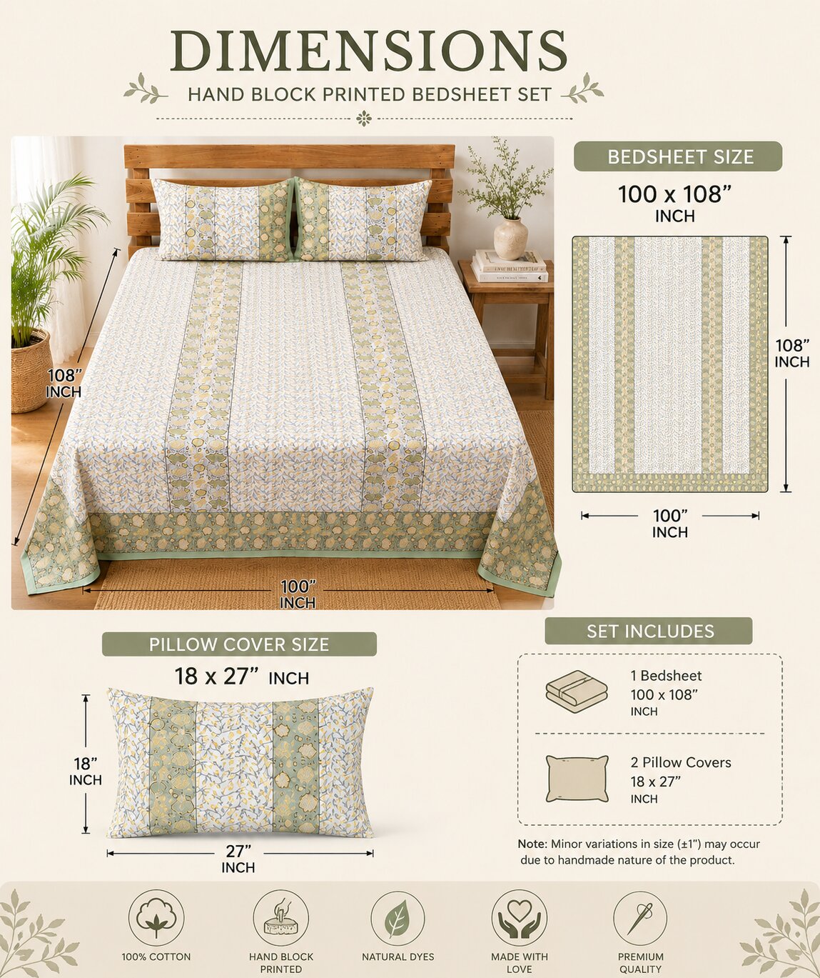 Handcrafted Floral Block Print Cotton Bedsheet Set with Pillow Covers – Sage Green & Mustard