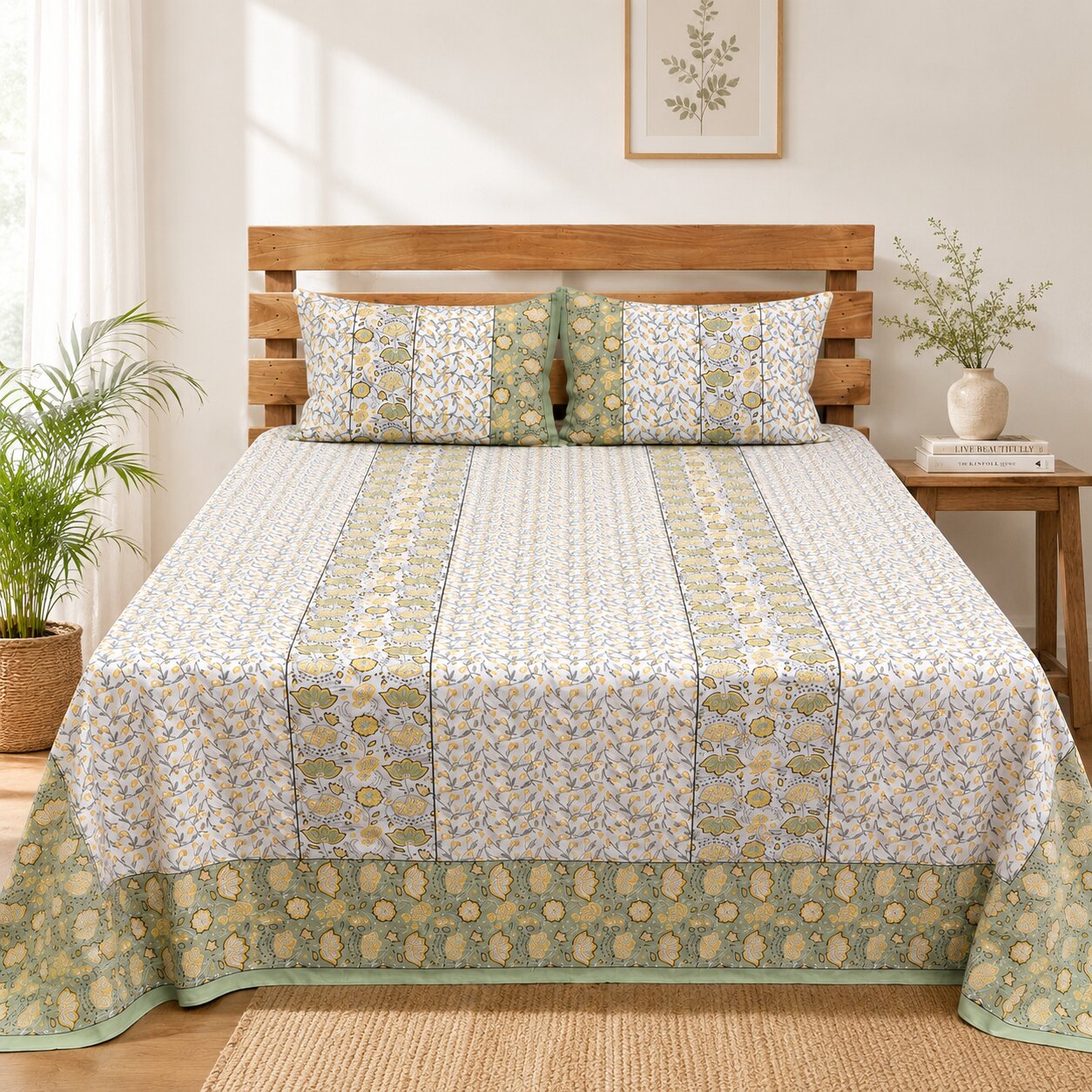 Handcrafted Floral Block Print Cotton Bedsheet Set with Pillow Covers – Sage Green & Mustard