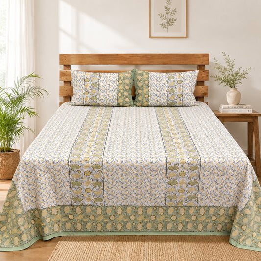 Handcrafted Floral Block Print Cotton Bedsheet Set with Pillow Covers – Sage Green & Mustard