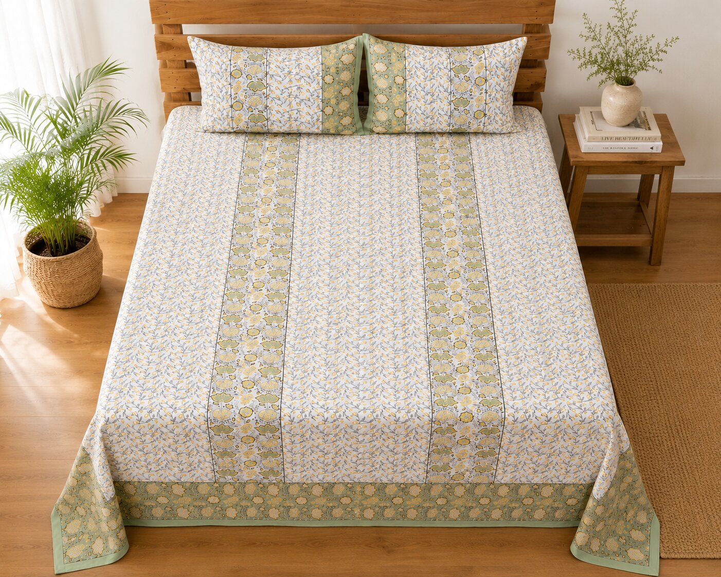 Handcrafted Floral Block Print Cotton Bedsheet Set with Pillow Covers – Sage Green & Mustard