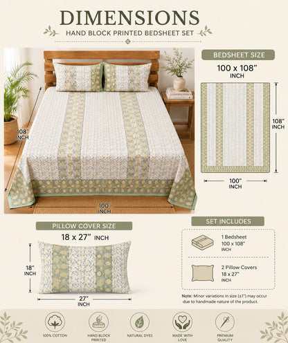 Handcrafted Floral Block Print Cotton Bedsheet Set with Pillow Covers – Sage Green & Mustard