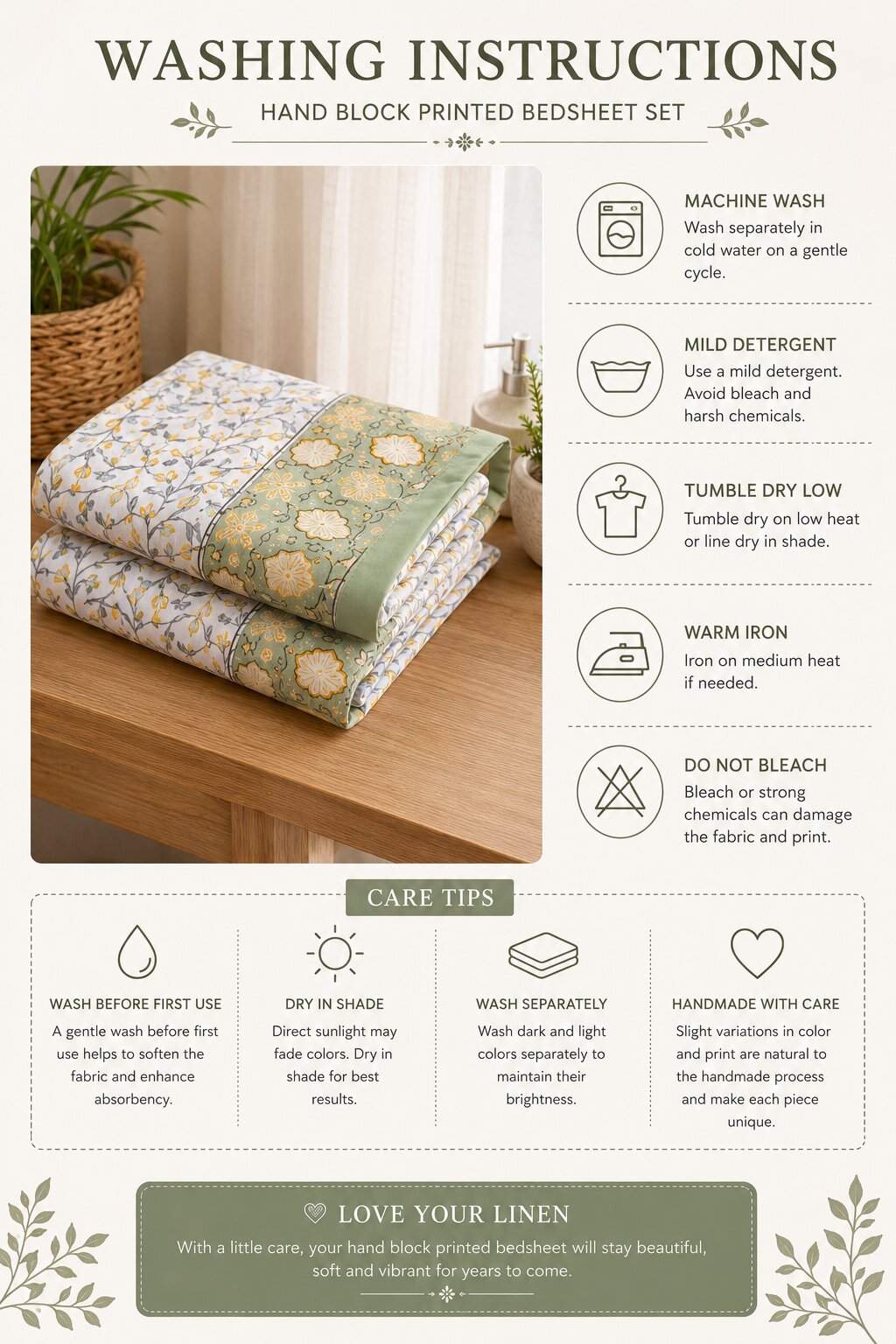 Handcrafted Floral Block Print Cotton Bedsheet Set with Pillow Covers – Sage Green & Mustard