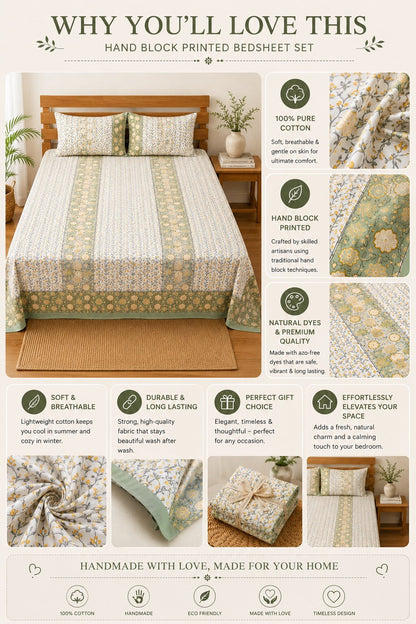 Handcrafted Floral Block Print Cotton Bedsheet Set with Pillow Covers – Sage Green & Mustard