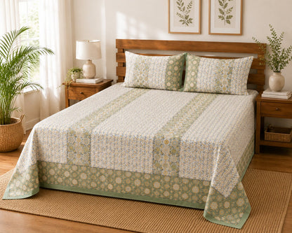 Handcrafted Floral Block Print Cotton Bedsheet Set with Pillow Covers – Sage Green & Mustard