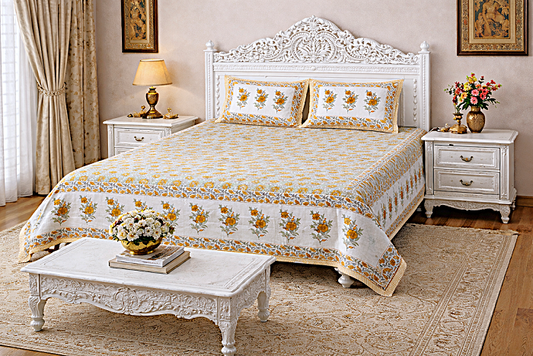 Rajasthan Decor Mint Green  and Yellow Floral Print Cotton   King Bed sheet with 2 Pillow Covers