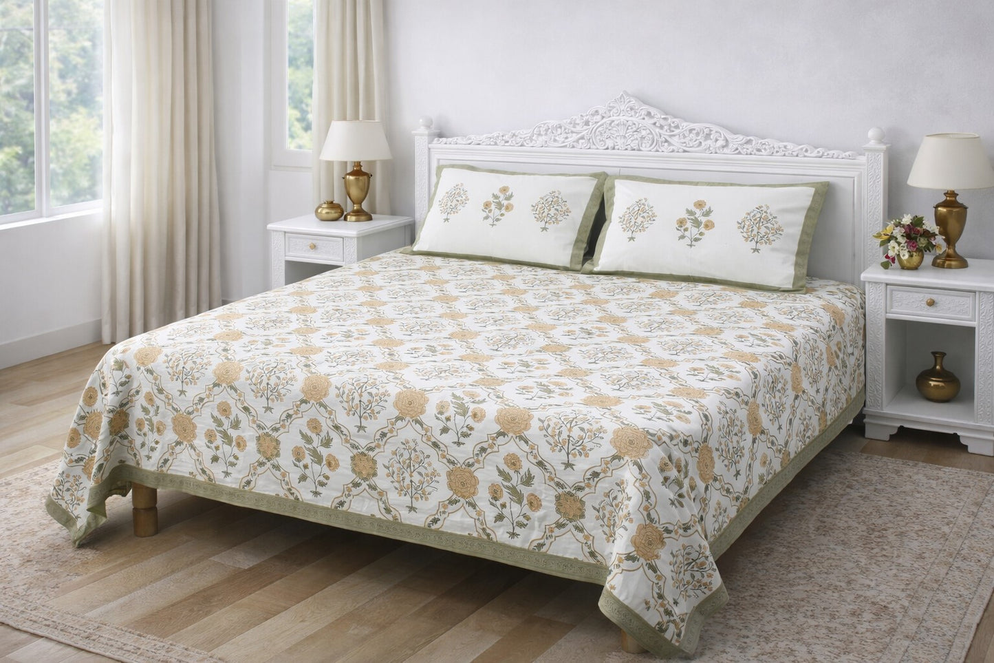 Jaipuri Hand Block Printed 100% Cotton King Size Bedsheet with 2 Pillow Covers