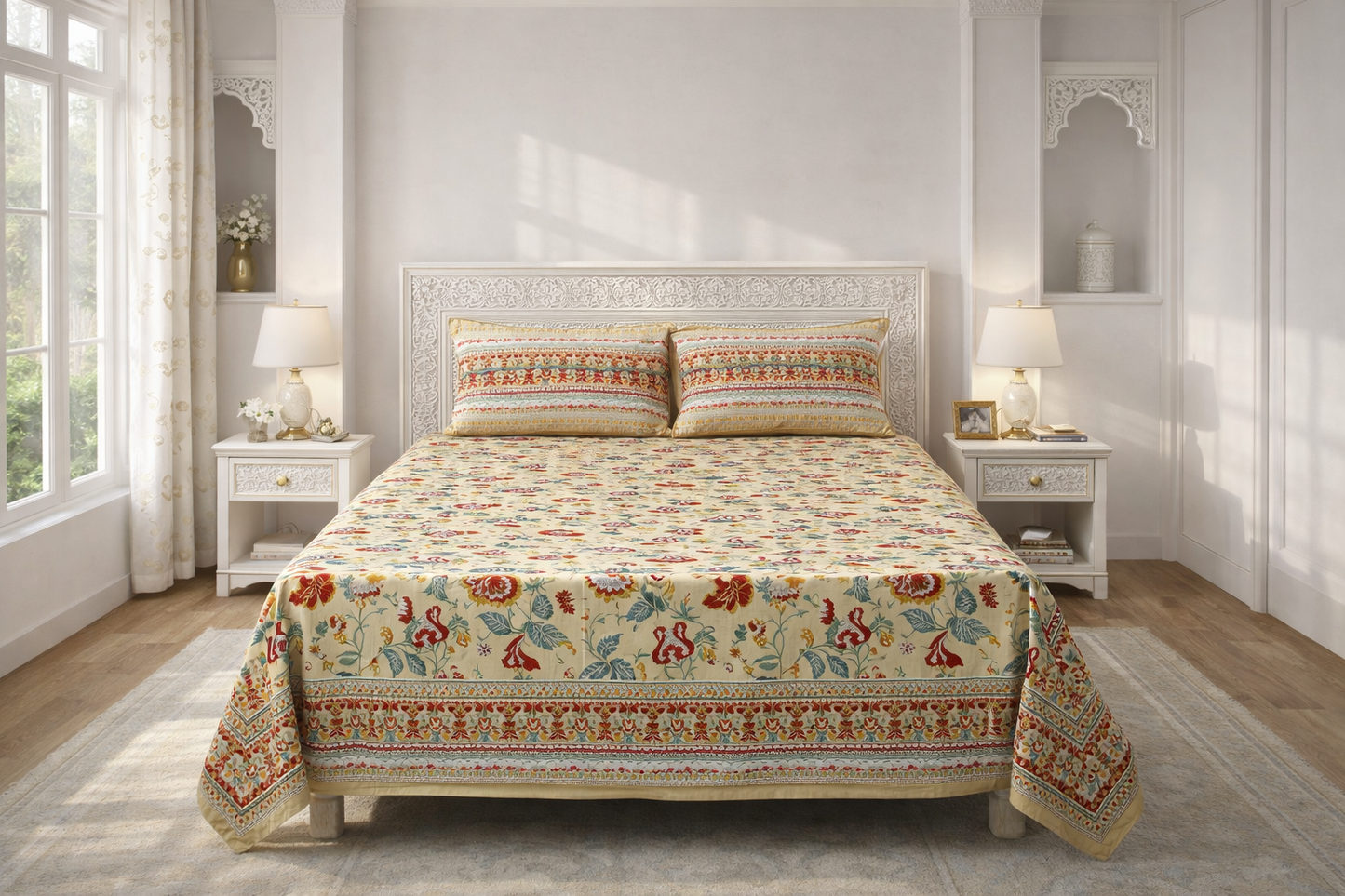 Jaipuri Flower Print  100% Cotton King Size Bedsheet with 2 Pillow Covers