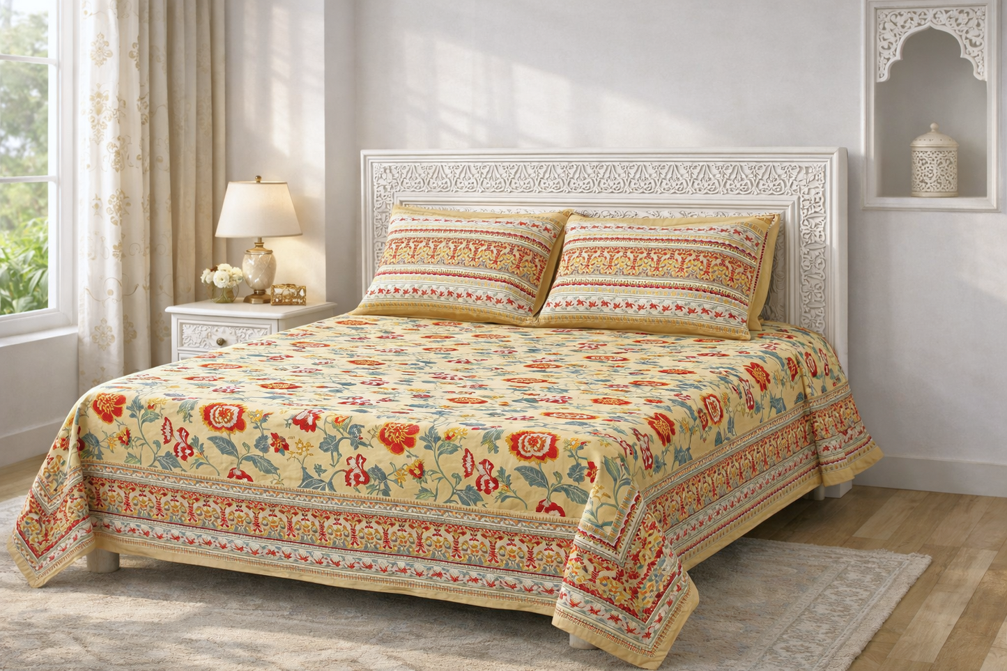 Jaipuri Flower Print  100% Cotton King Size Bedsheet with 2 Pillow Covers